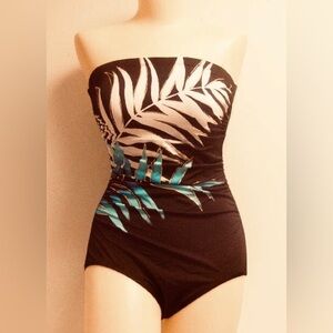 NWT Jantzen bandeau swimsuit blue white palm on black swimwear strapless